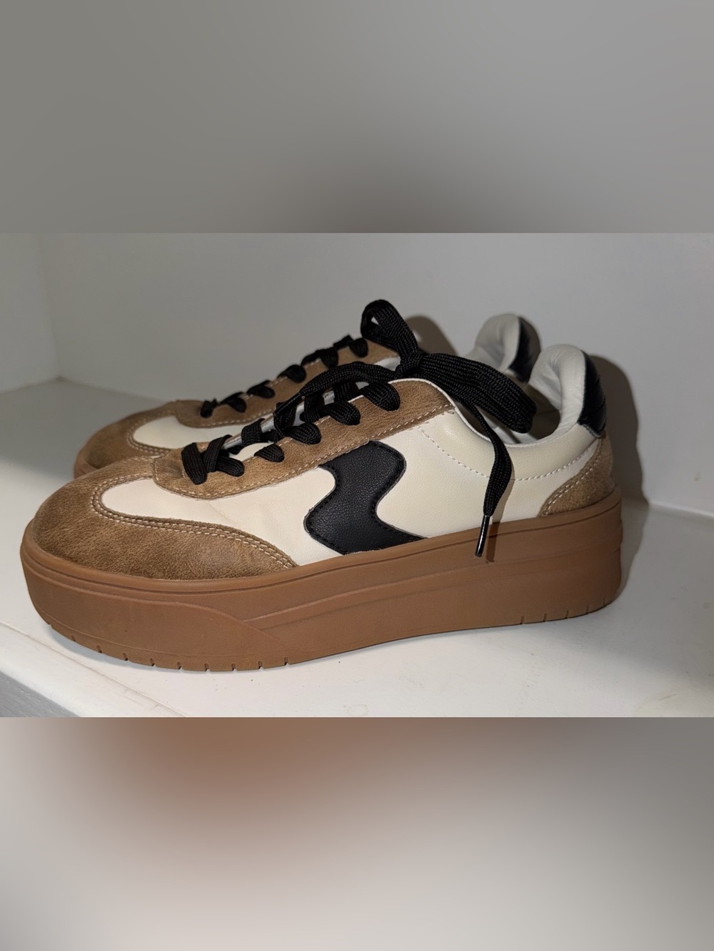 Women's Platform Athletic Sneakers in Cream, Brown & Black